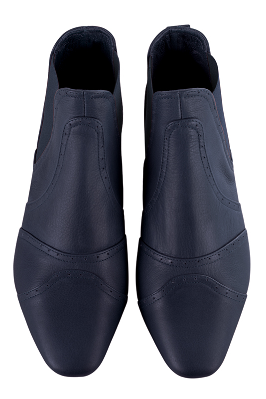Navy blue women's ankle boots, with elastics. Square toe. Flat block heels. Top view - Florence KOOIJMAN